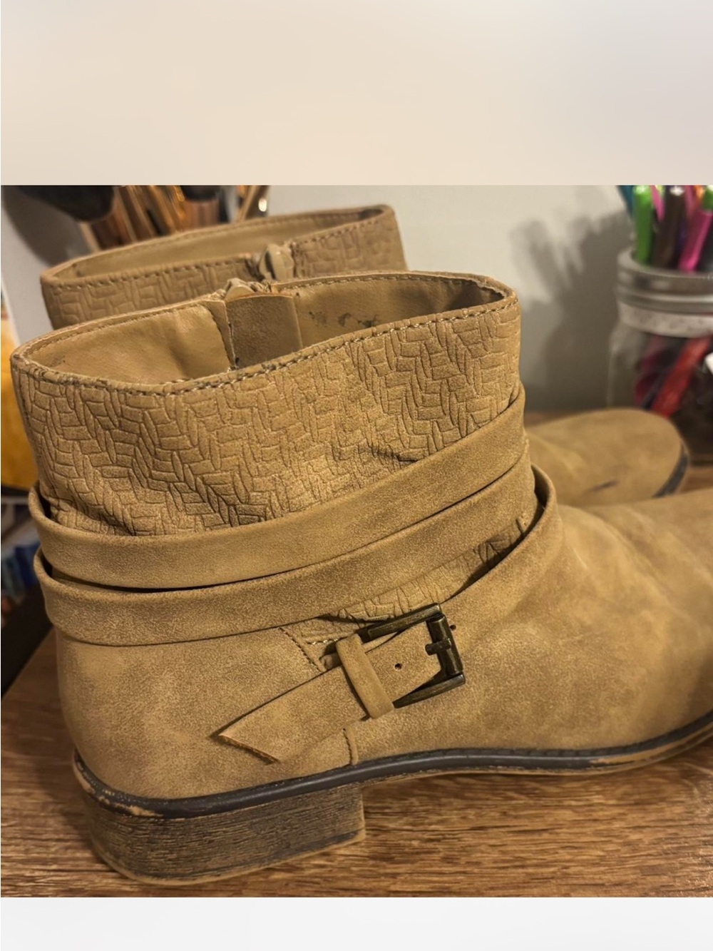 Roxy Tan Suede Wrap-Buckle Ankle Boots